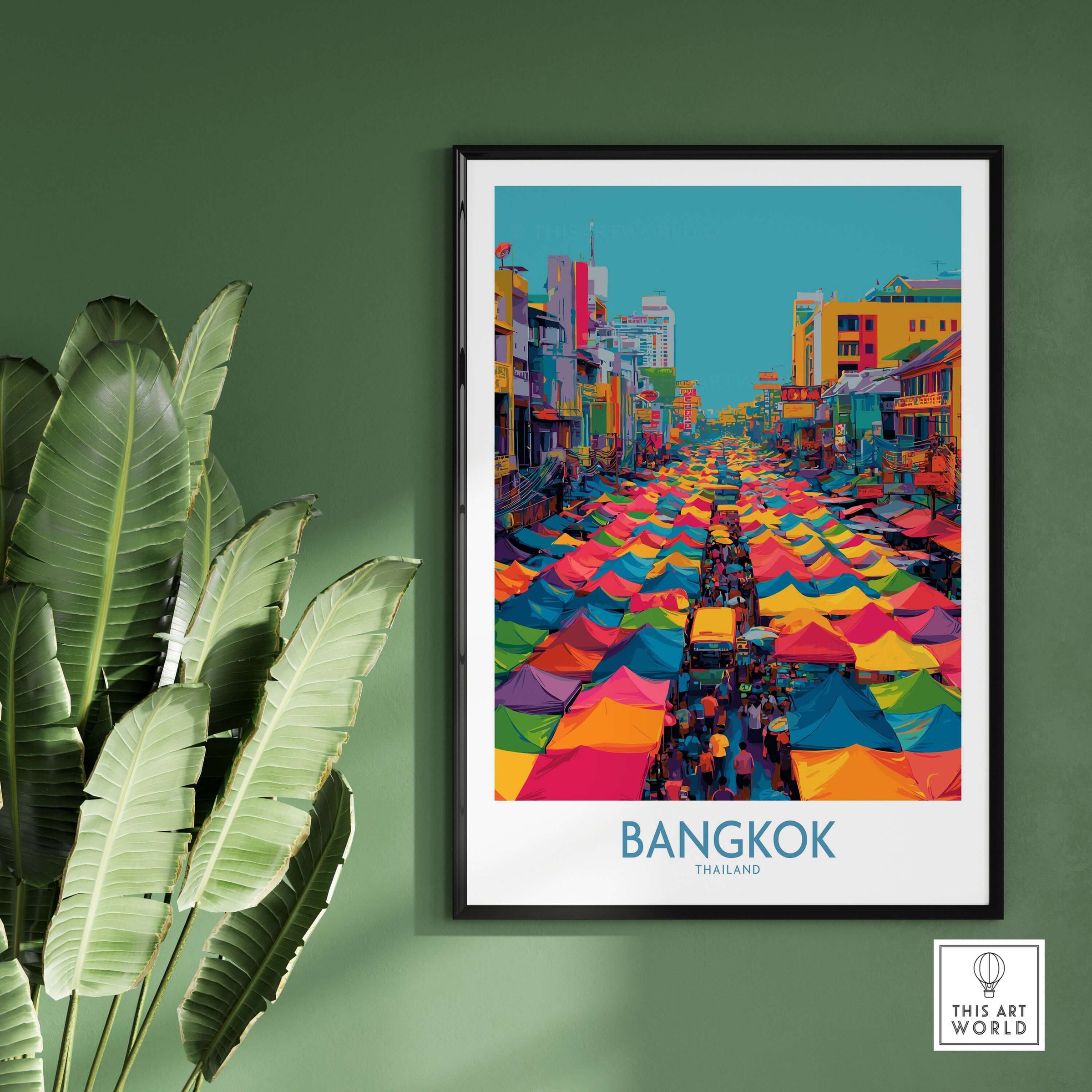 Bangkok Thailand Wall Art - Thai Market Poster Illustration showcasing colorful market tents in a vibrant urban scene.
