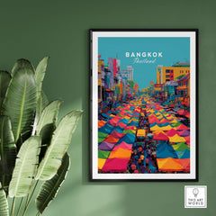 Bangkok Thailand Poster Colorful Market Tents - Vibrant Street Market Print showcasing lively market tents in a vibrant urban scene.