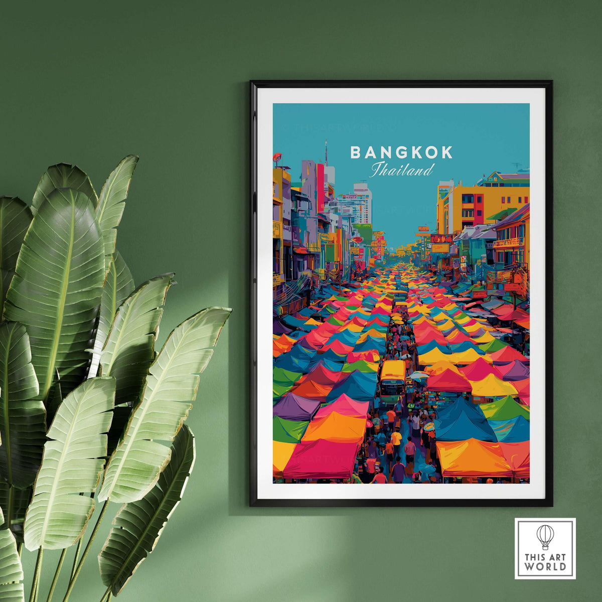 Bangkok Thailand Poster Colorful Market Tents - Vibrant Street Market Print showcasing lively market tents in a vibrant urban scene.