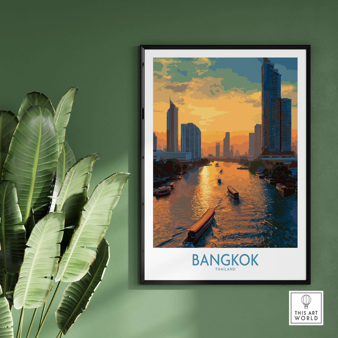 Bangkok urban waterfront wall art featuring a vibrant cityscape at sunset with modern buildings and serene river views.