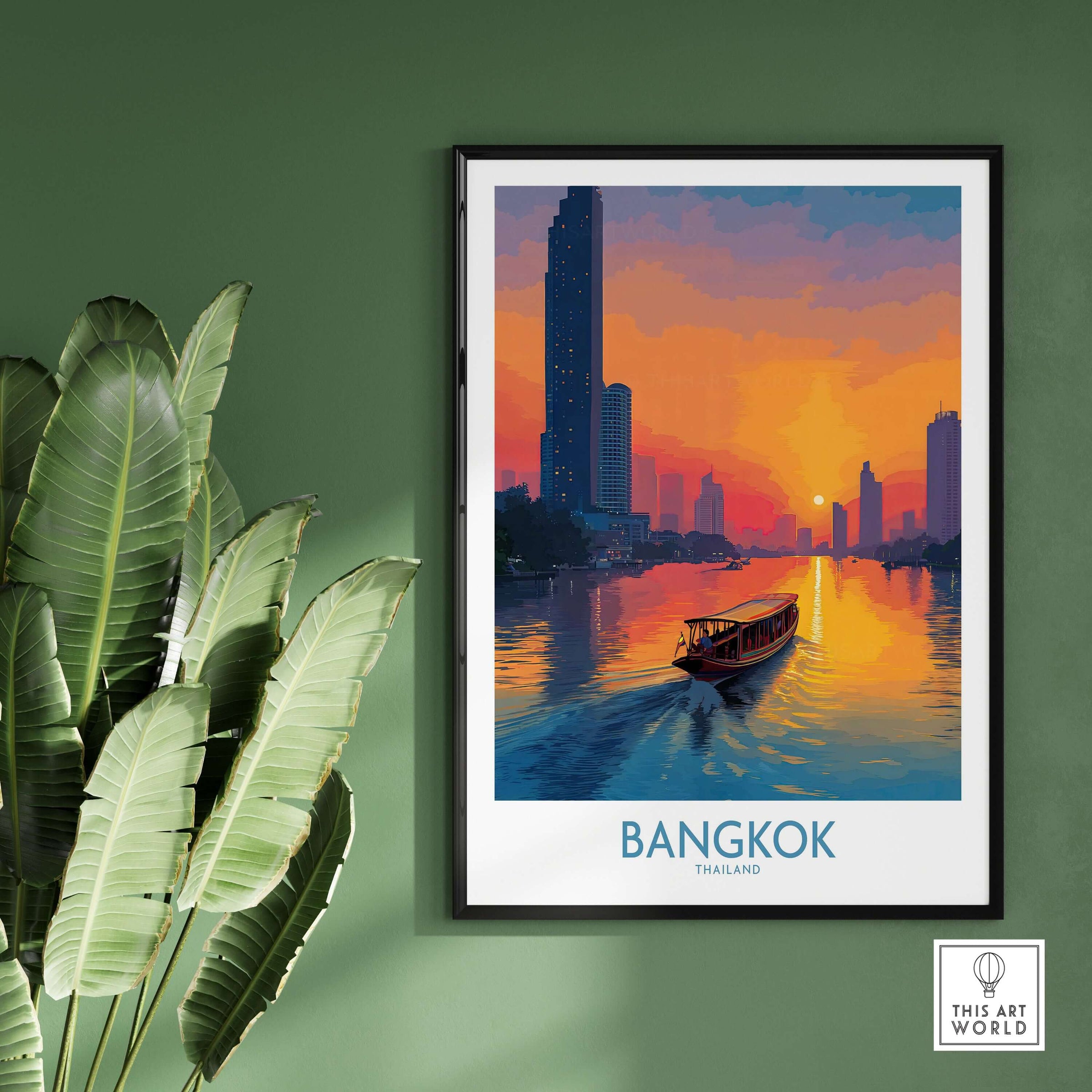 Bangkok Wall Art Thailand Golden Hour - Thai River Travel Scene with boat on a river at sunset.