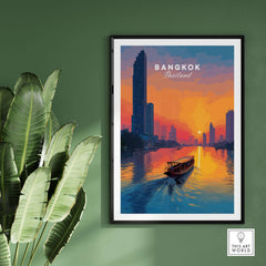 Bangkok Sunset Poster Thailand Longtail Boat - River City Skyline Print depicting a vibrant sunset over Bangkok's river.