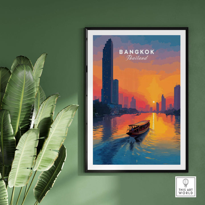 Bangkok sunset poster featuring a longtail boat and city skyline, vibrant colors against a green wall backdrop.
