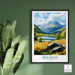 Ben Nevis Poster Scotland Summit View - Iconic UK Peak Travel Decor showcasing a vibrant landscape of Scotland's mountains.
