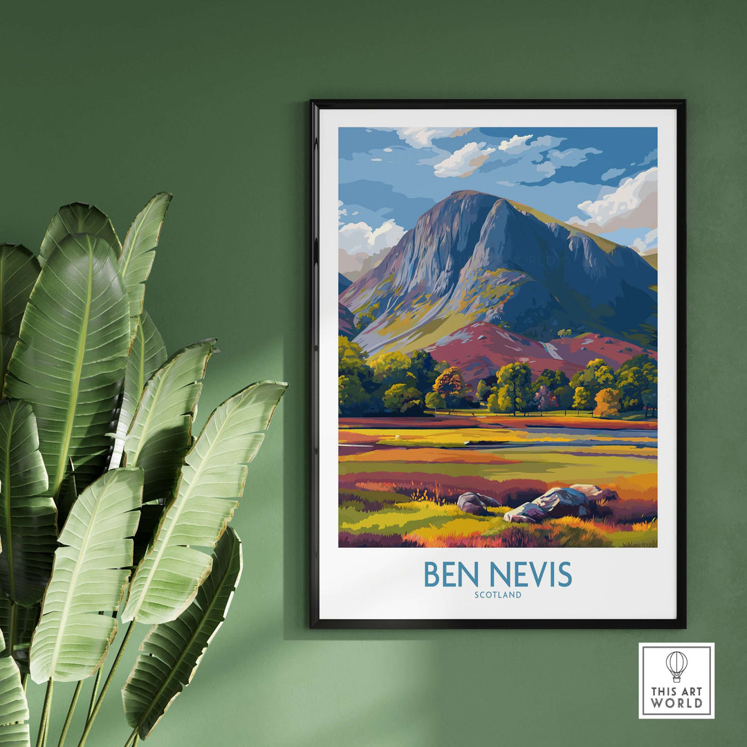 Ben Nevis wall art featuring vibrant autumn landscape in Scotland, framed and displayed as travel decor.