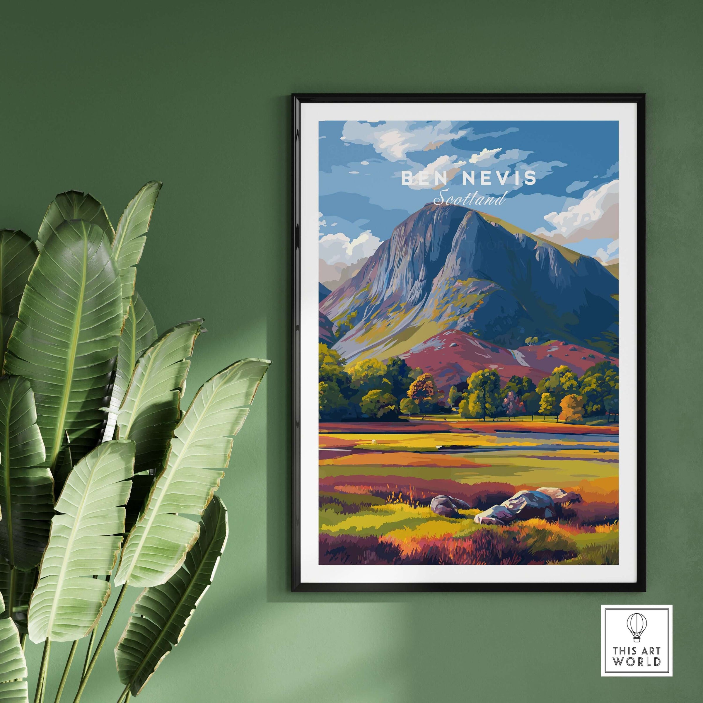 Ben Nevis Print Scotland Colorful Valley - Vibrant Mountain Scenery Poster displayed against a green wall.