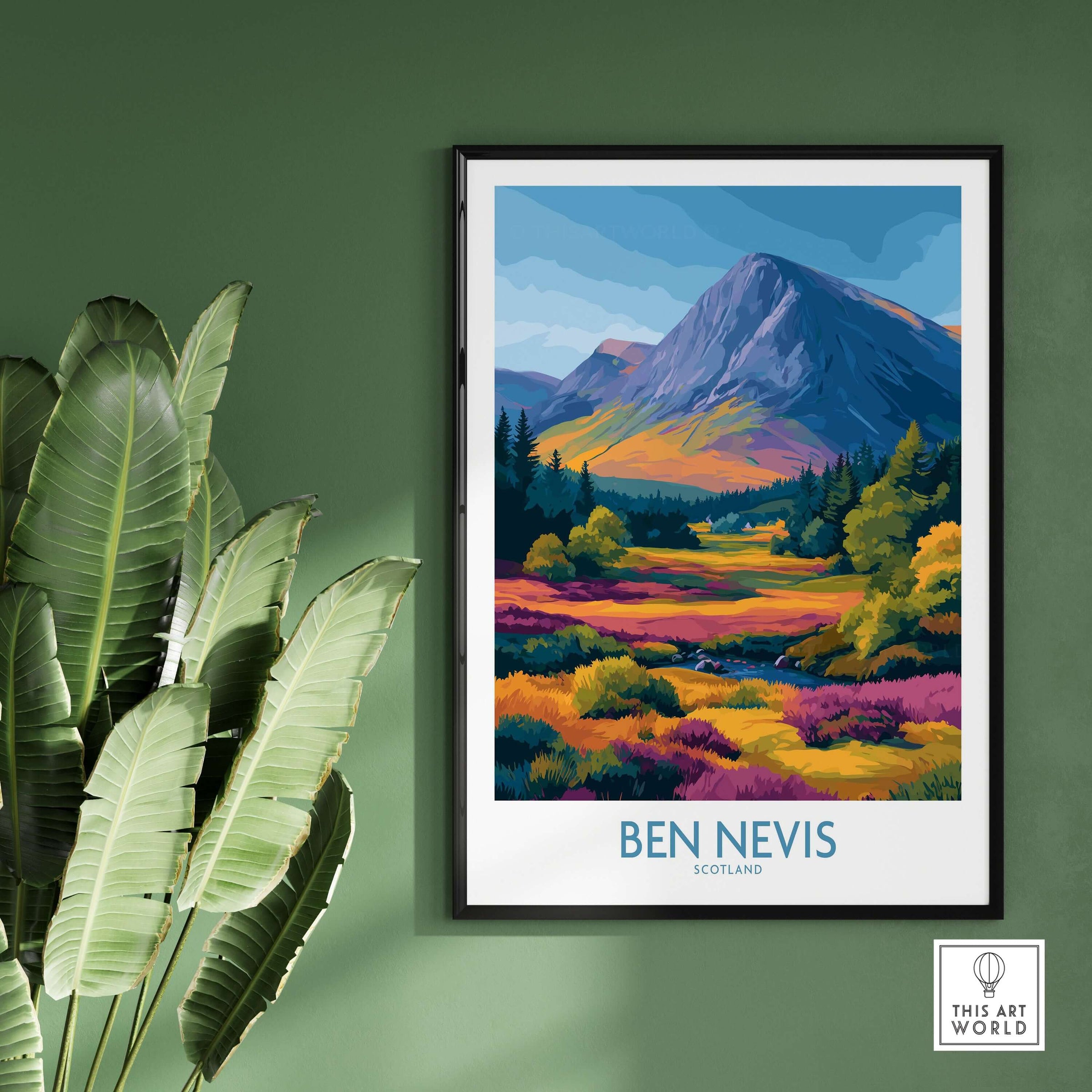 Ben Nevis Scotland Print Heather Fields Landscape - Scottish Peaks Illustration framed on a green wall with plants.