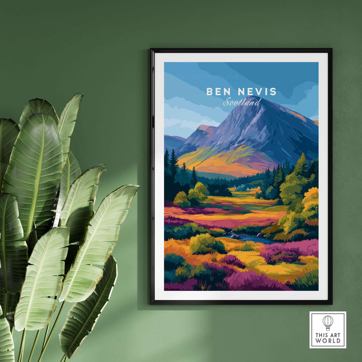 Ben Nevis Scotland poster featuring vibrant autumn mountain view with colorful fall foliage.