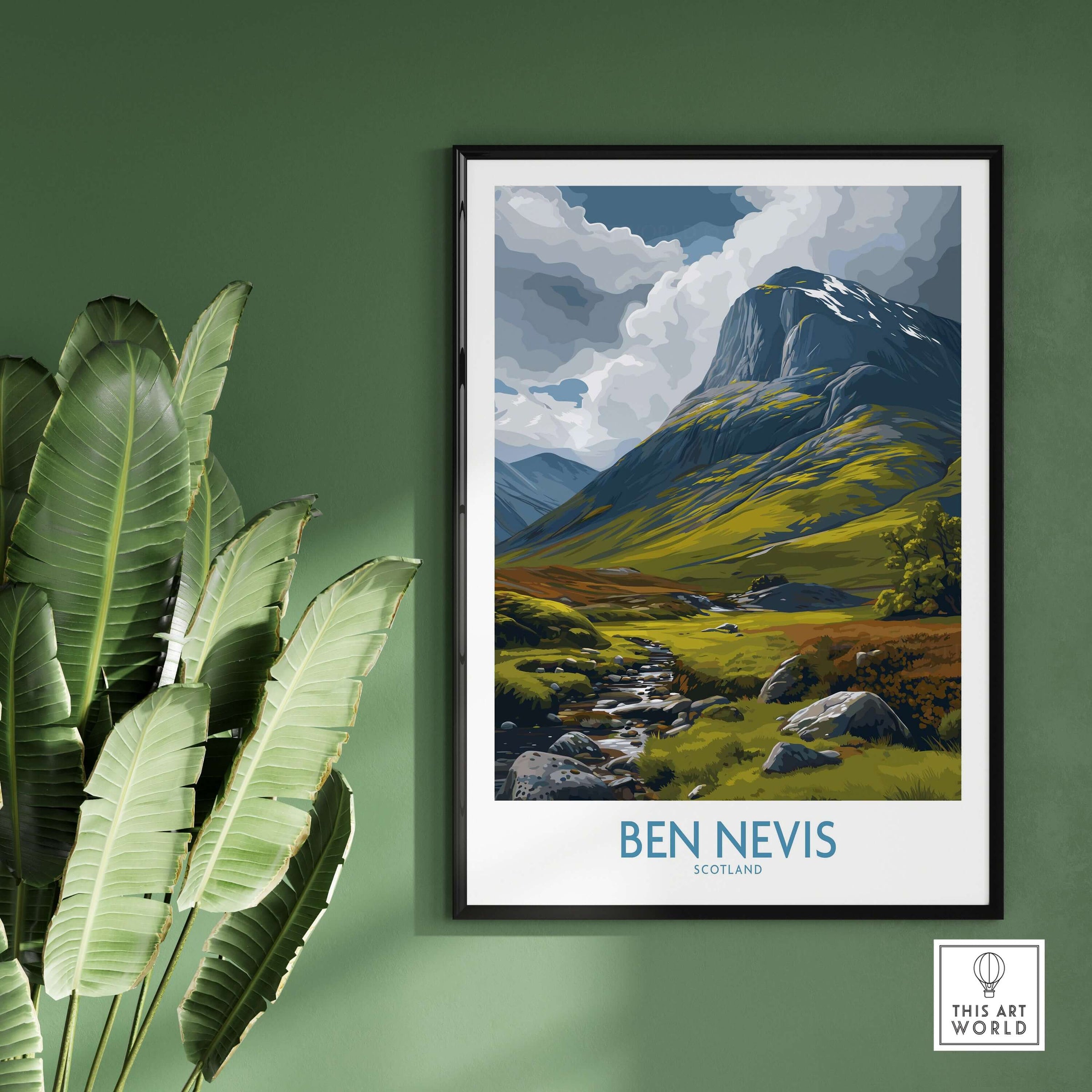 Ben Nevis Scotland Wall Art Hillside Panorama - Nature Travel Decor in modern interior with greenery.