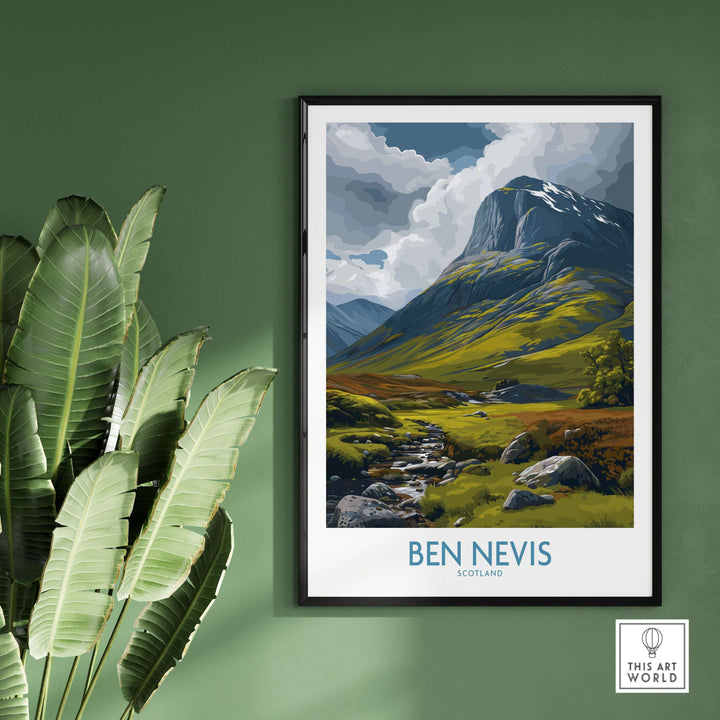 Ben Nevis Scotland wall art featuring a lush hillside panorama against a green wall.