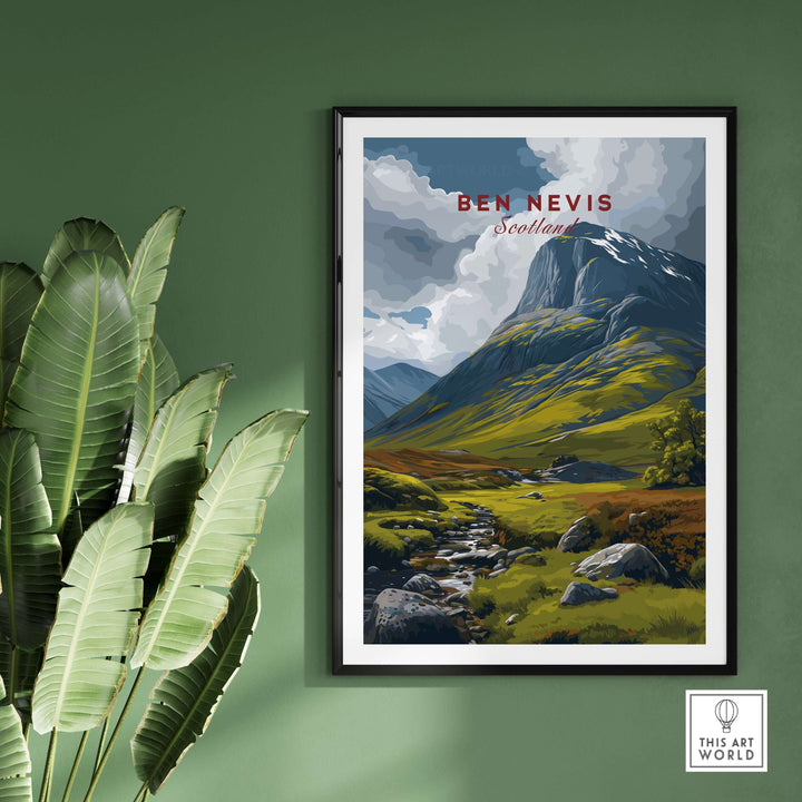 Ben Nevis Scotland art print featuring a scenic stream and mountain landscape, showcasing the beauty of the Highlands.