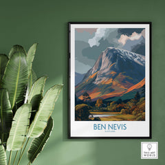 Ben Nevis Scotland Cloudy Peak Landscape Print - Scottish Artwork Gift framed on a green wall with plants.