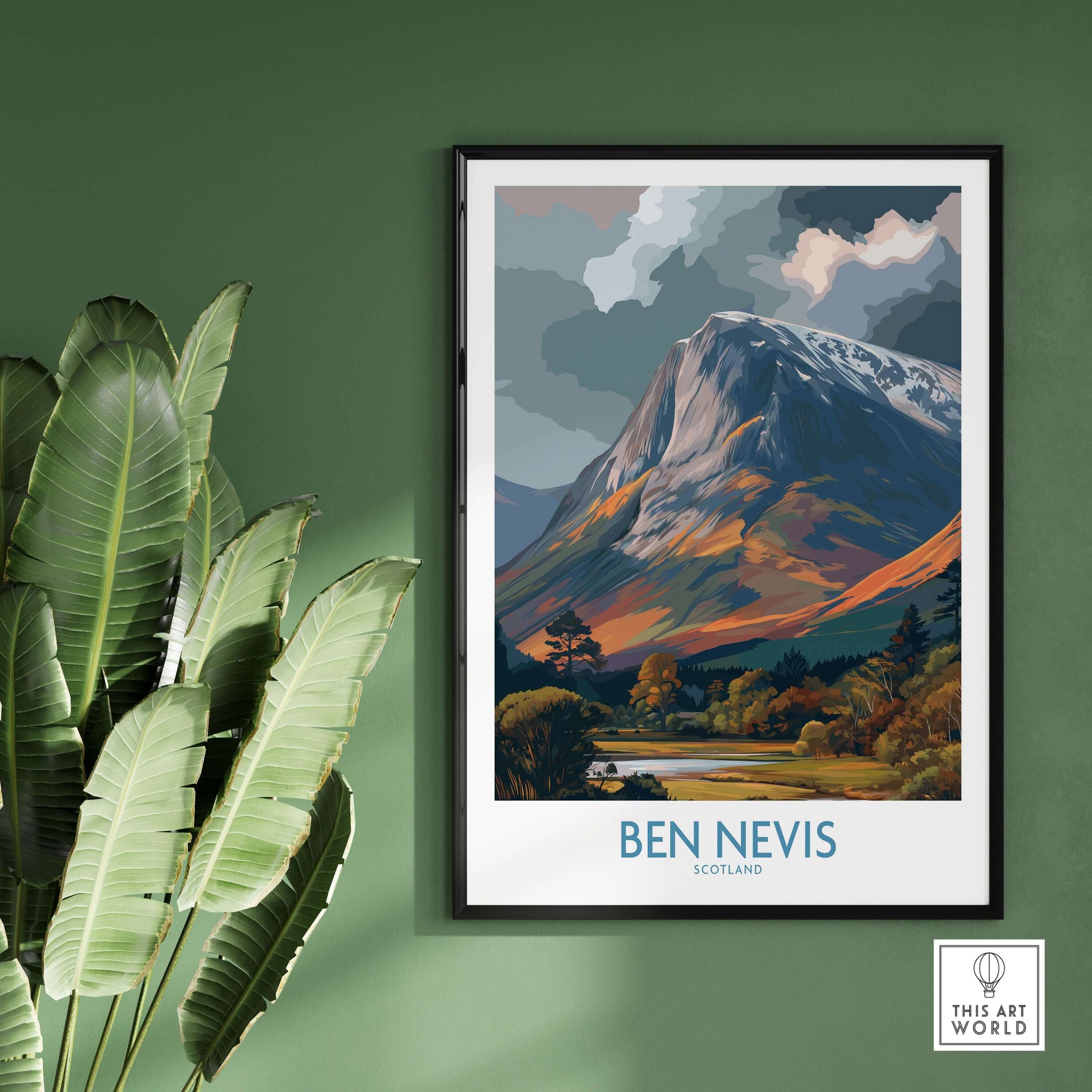 Ben Nevis Scotland Cloudy Peak Landscape Print - Scottish Artwork Gift framed on a green wall with plants.