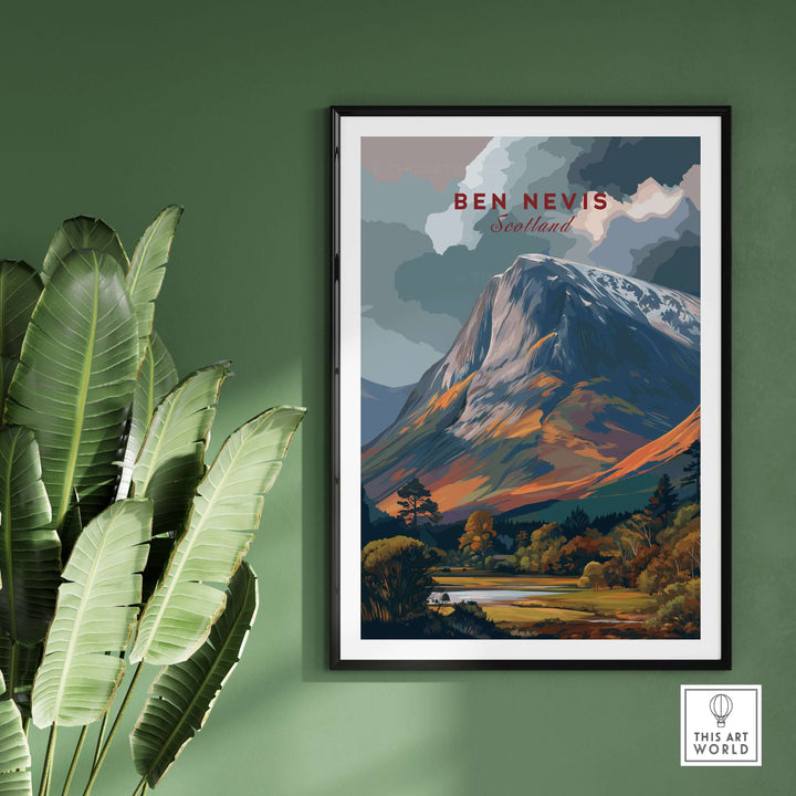 Ben Nevis Scotland poster featuring snow-capped mountains and scenic landscape on a green wall with indoor plants.