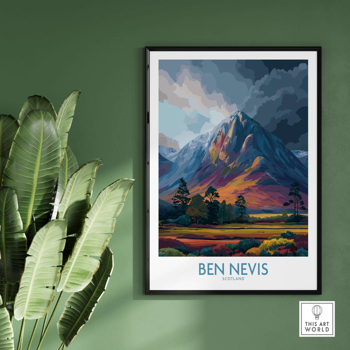 Framed travel poster of Ben Nevis in Scotland, showcasing dramatic moody skies and vibrant landscapes.