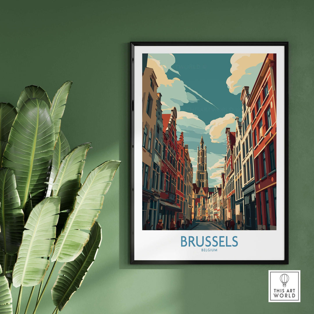 Gothic architecture print of Brussels, Belgium, showcasing iconic buildings and a vibrant street scene.