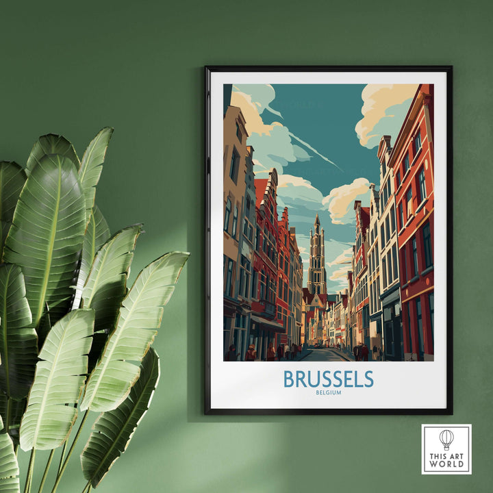 Gothic architecture print of Brussels, Belgium, showcasing iconic buildings and a vibrant street scene.