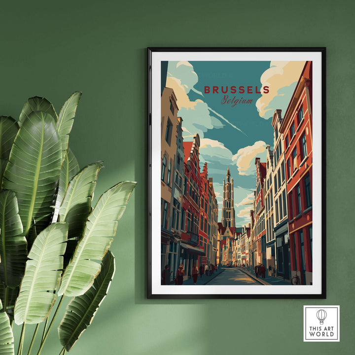 Brussels Grand Place street art poster showcasing historic architecture and vibrant city life.