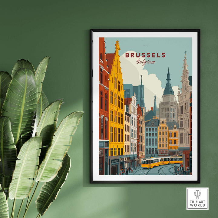 Brussels Belgium tram cityscape poster featuring historic buildings and vibrant street scene.