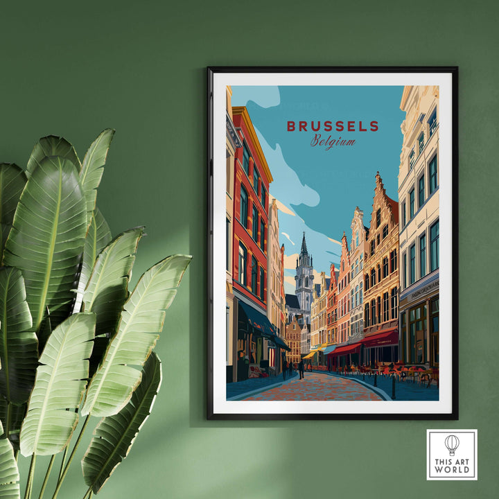 Brussels print showcasing historic architecture of Old Town Belgium in an elegant framed poster.