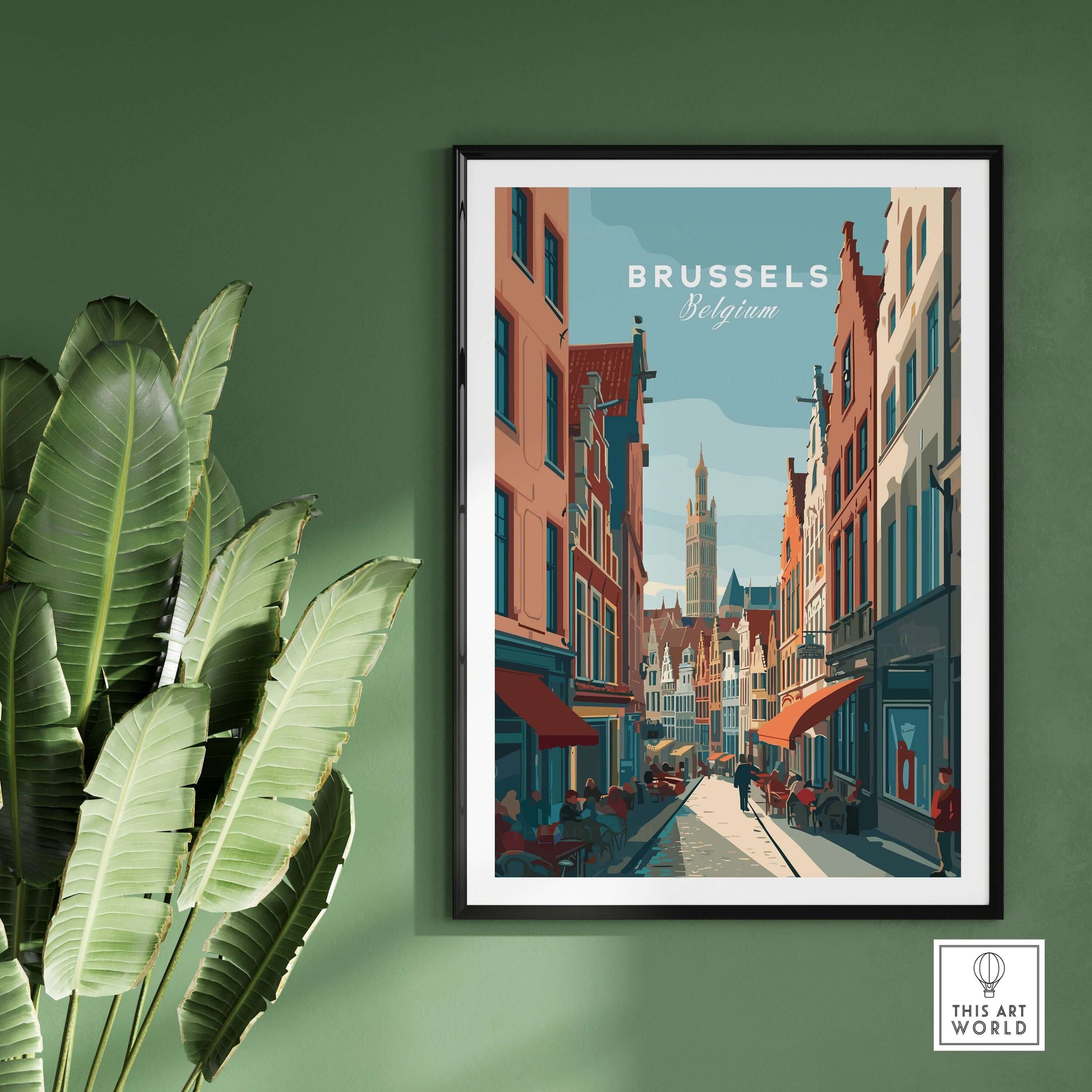 Brussels Belgium Art Print - Grand Place Poster showcasing vibrant street scene and architecture.