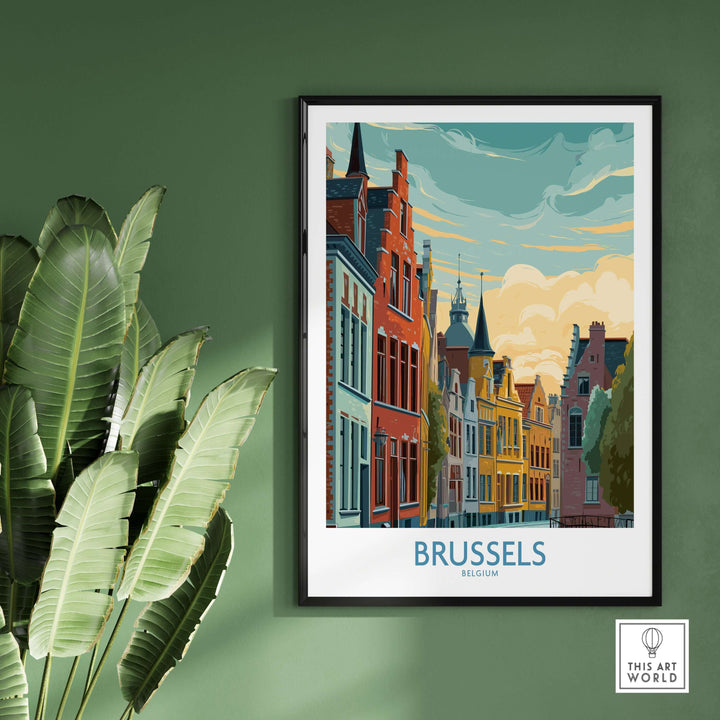 Brussels Belgium travel poster featuring colorful buildings and vibrant skyline, perfect for home decor.