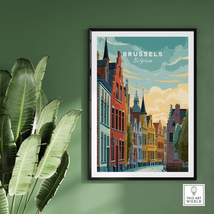 Brussels Belgium historic houses poster with vibrant architecture and sunset hues on a green wall.