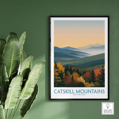 Catskill Mountains New York Fall Landscape Poster - New York State Travel Decor displayed on a green wall.