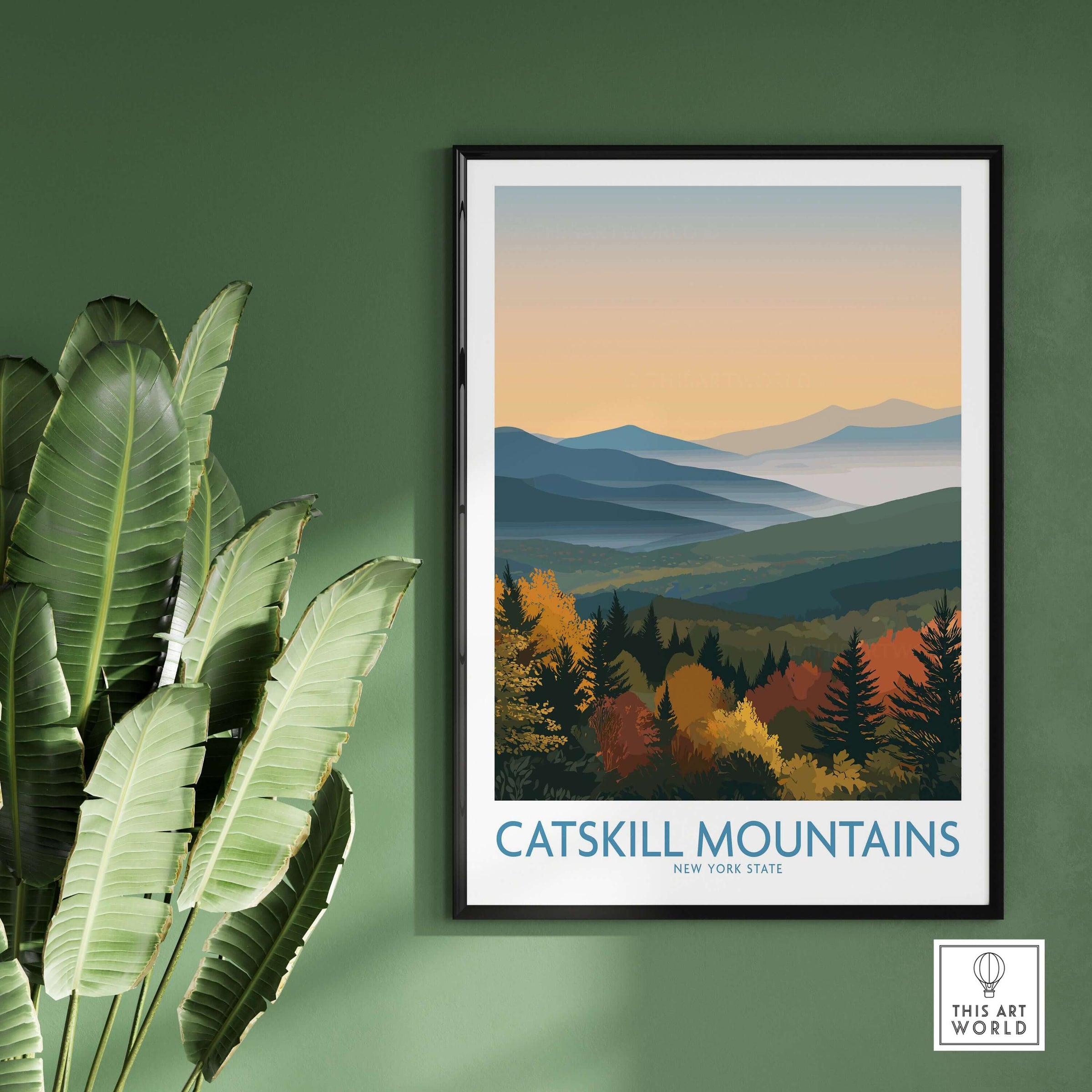 Catskill Mountains New York Fall Landscape Poster - New York State Travel Decor displayed on a green wall.