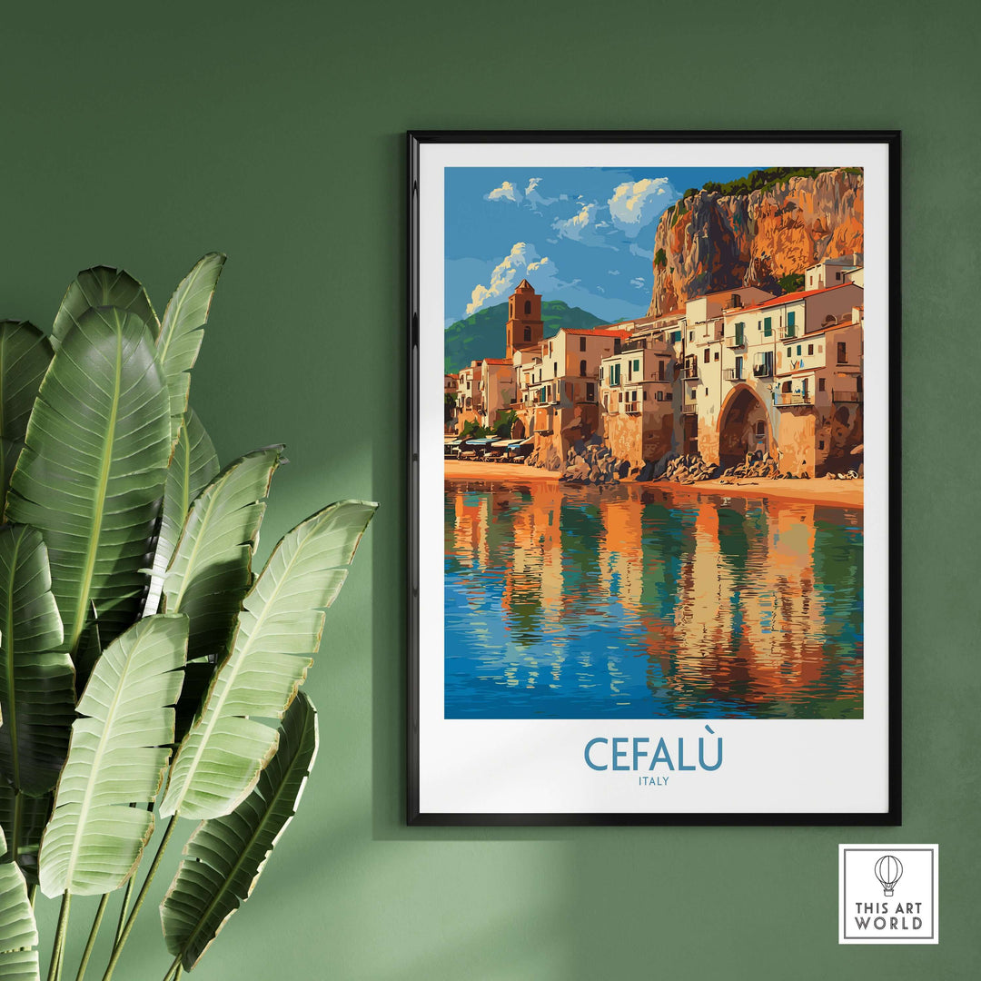 Cefalù Italy Mediterranean beach poster featuring scenic coastline and historic architecture for elegant wall decor.