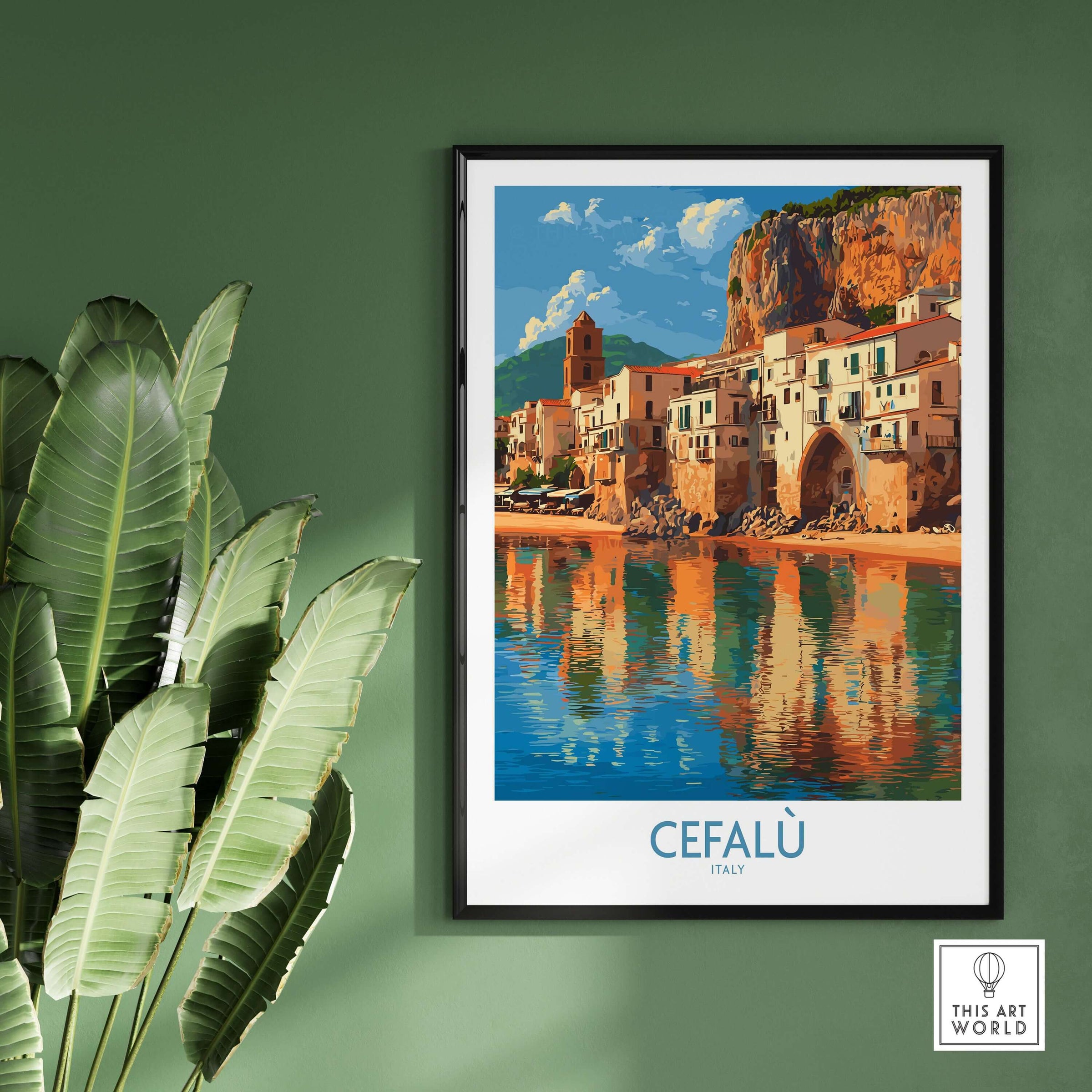 Cefalù Italy Mediterranean Beach Poster - Historic Seaside Travel Print showcasing beautiful town by the coastline.