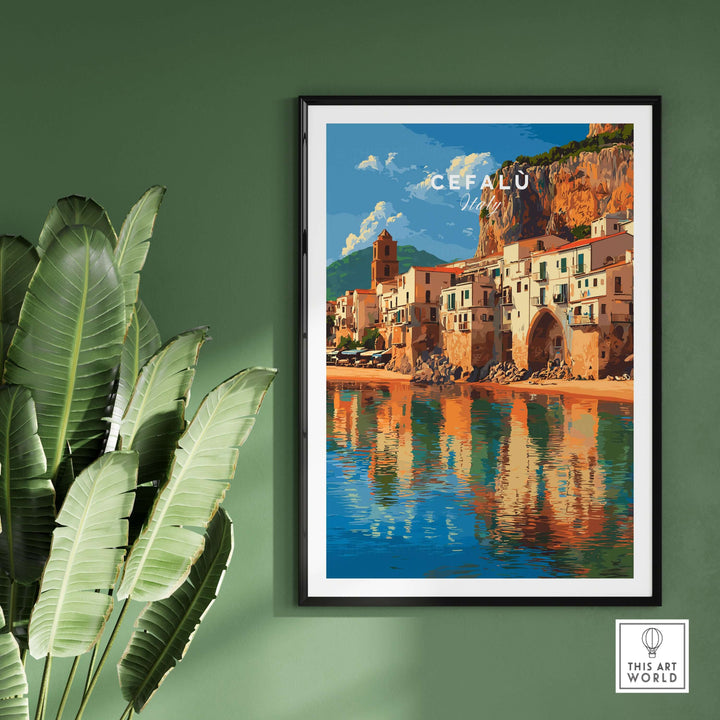 Cefalù Italy travel print showcasing vibrant village scenery and coastal reflections, perfect for home decor.