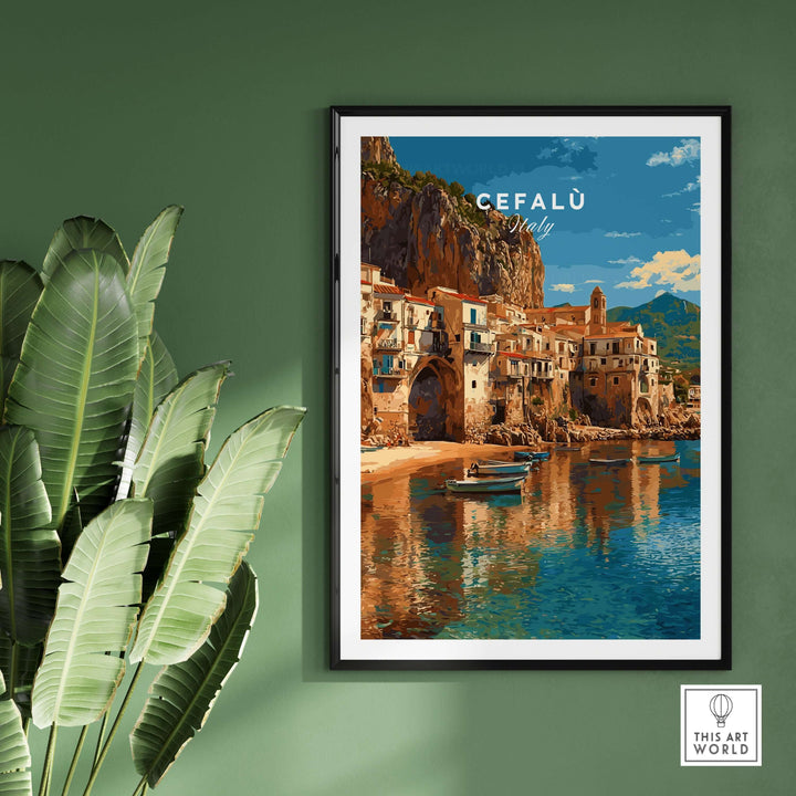 Cefalù Italy poster featuring stunning coastal views and village architecture, ideal for Mediterranean decor.