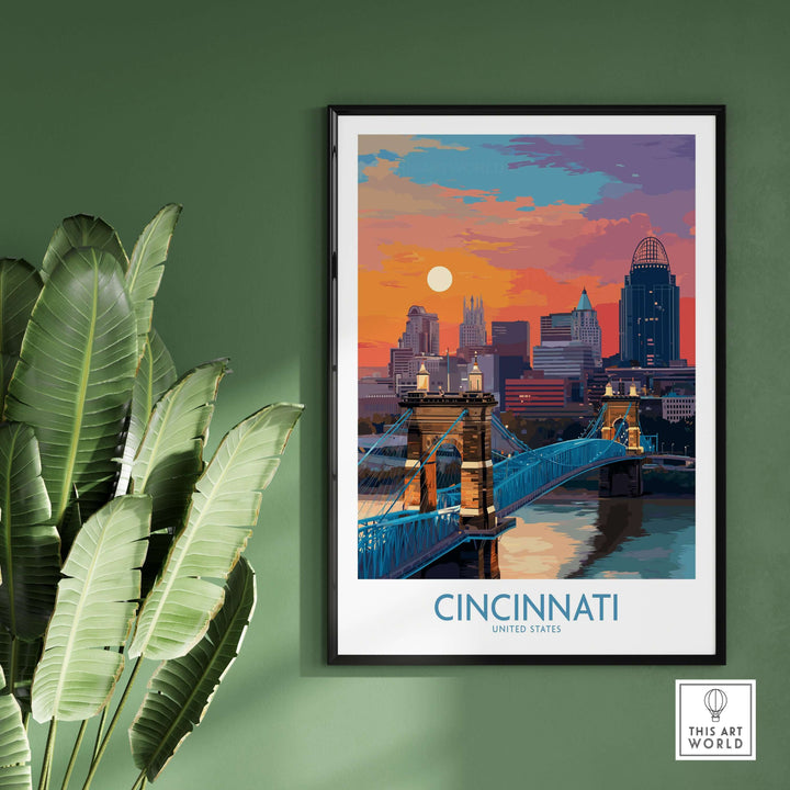Cincinnati downtown cityscape print with vibrant colors showcasing iconic skyline and bridge, perfect Ohio travel decor.