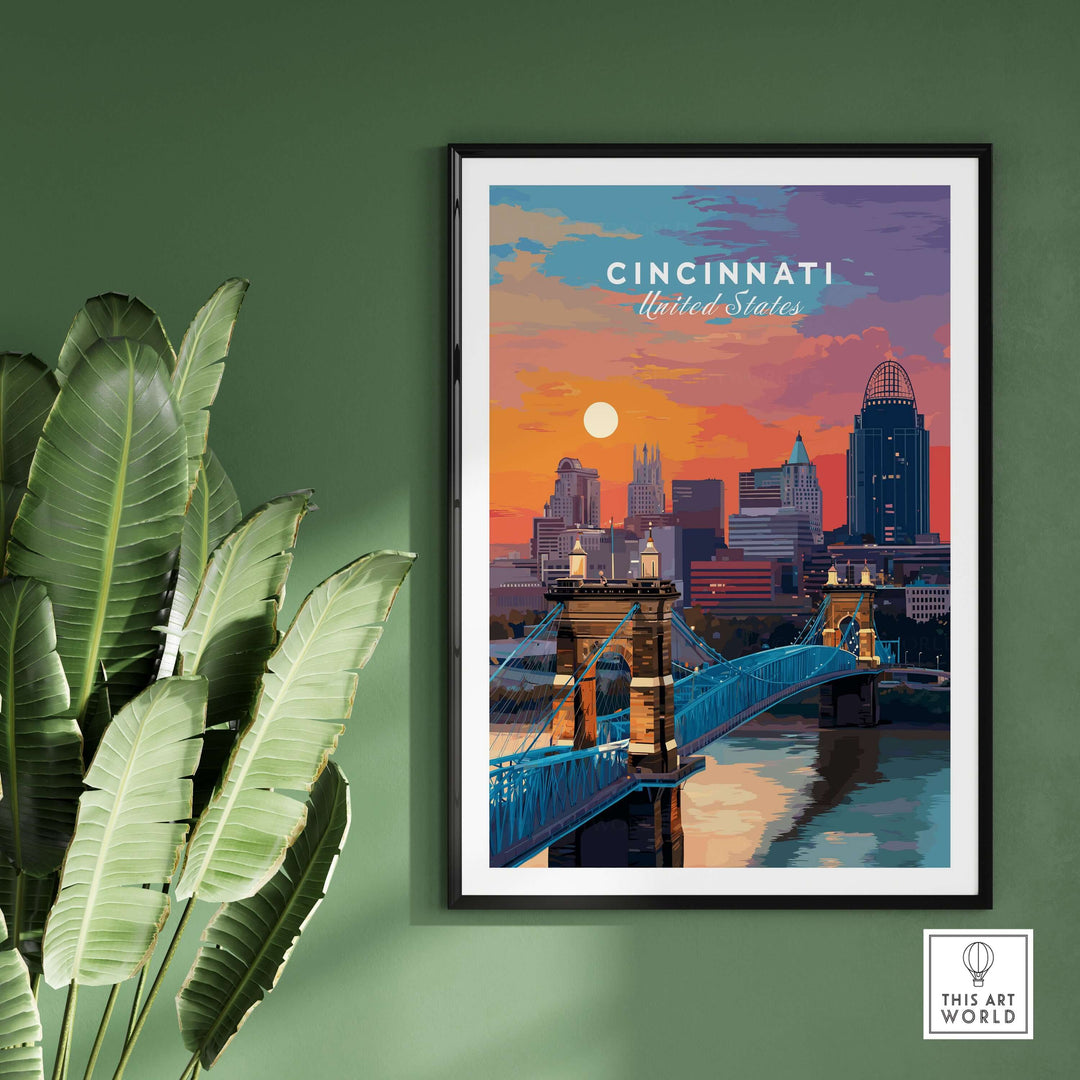 Cincinnati Ohio sunset skyline poster featuring Roebling Bridge, vibrant colors and urban landscape wall art.