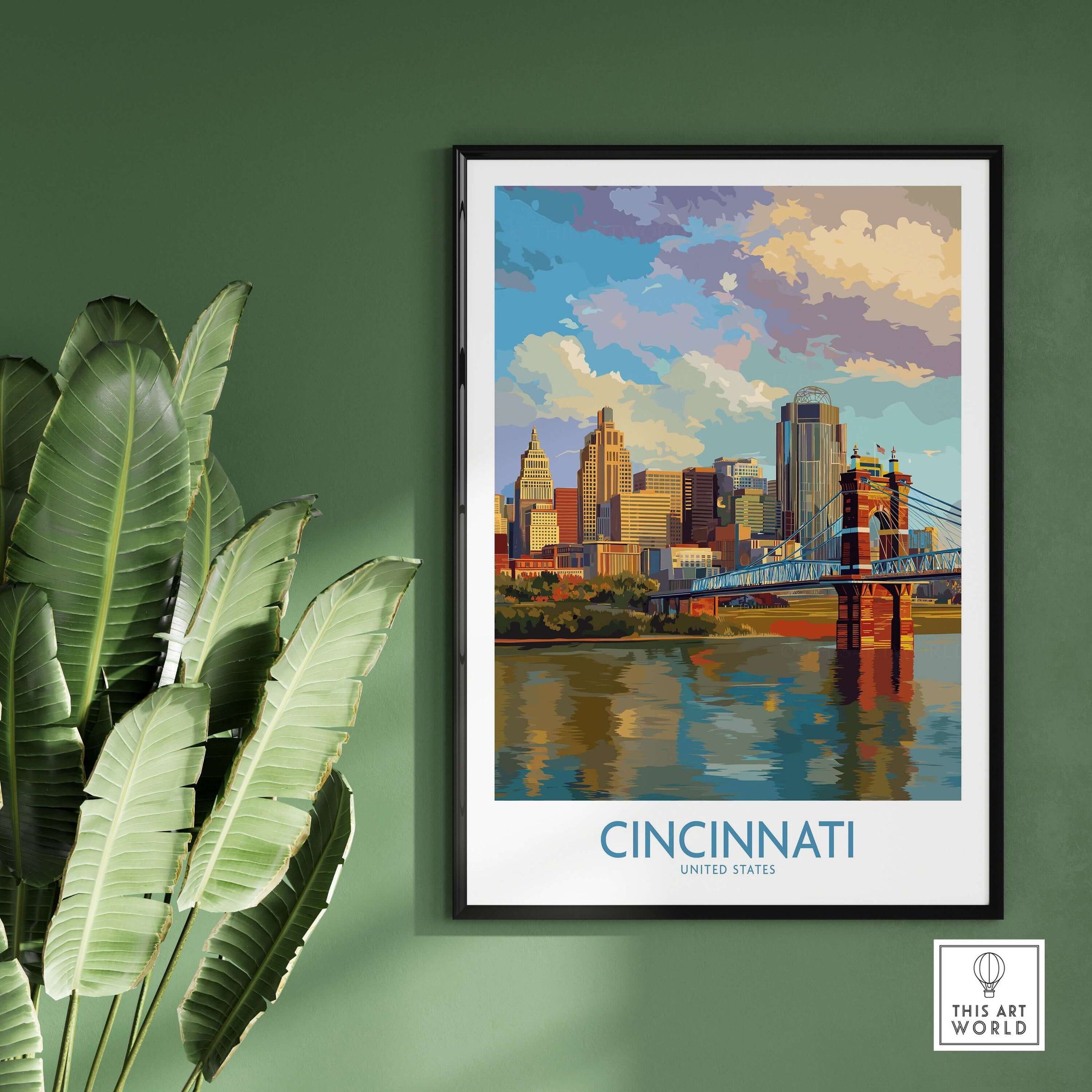 Cincinnati Riverfront Cityscape Poster - Ohio Wall Art capturing the vibrant skyline of Cincinnati, United States.
