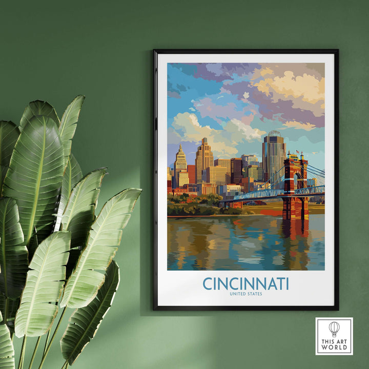 Cincinnati Riverfront Cityscape Poster framed on a green wall, showcasing the skyline and bridge of Cincinnati, Ohio.