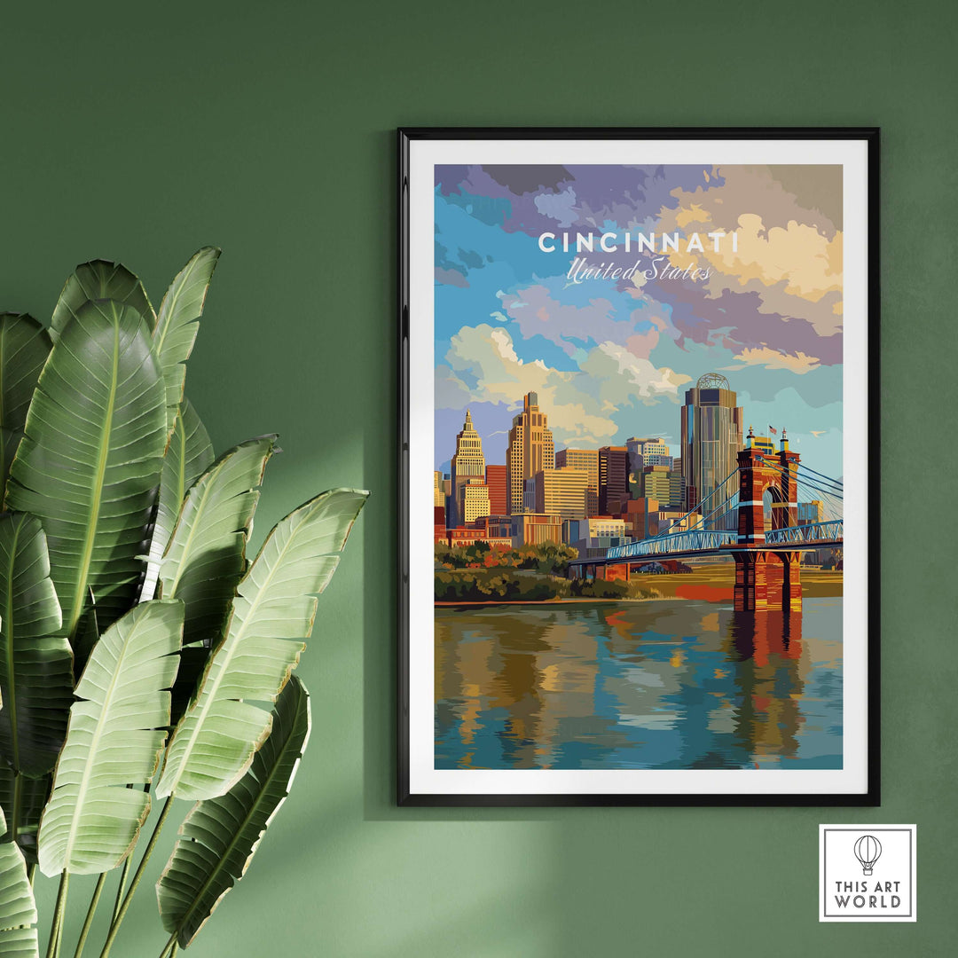 Cincinnati Ohio skyline print featuring Roebling Bridge, vivid artwork on green wall with plant decor.
