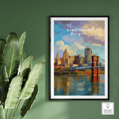 Cincinnati Ohio Skyline Print - Roebling Bridge Wall Art showcasing vibrant cityscape and iconic architecture.