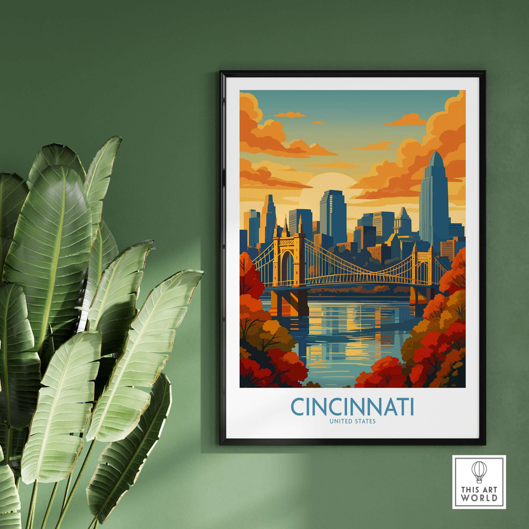 Cincinnati skyline print showcasing autumn cityscape with colorful foliage and sunset hues, ideal for seasonal decor.