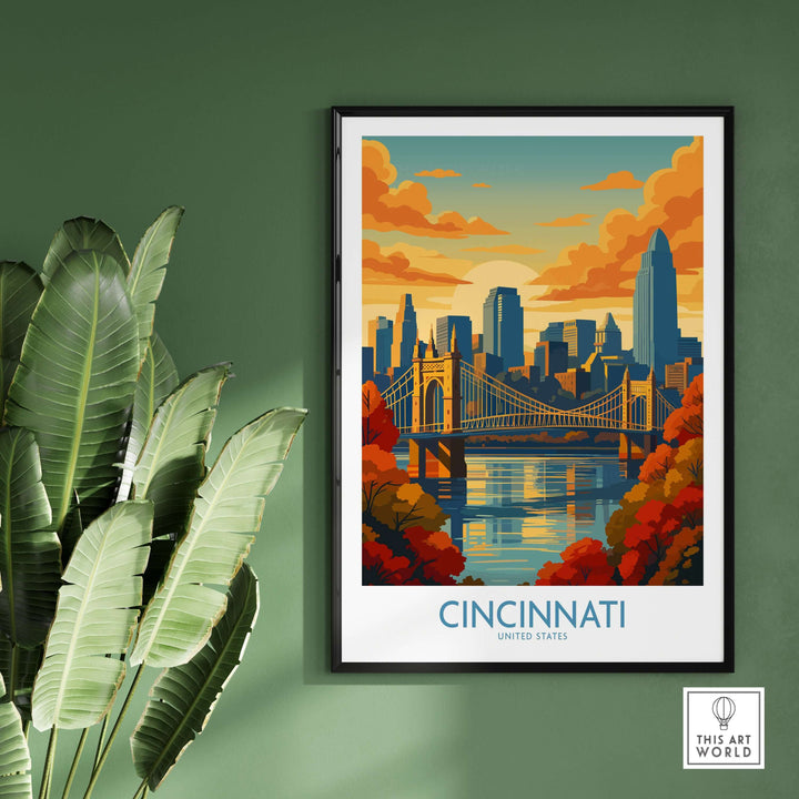 Cincinnati skyline print showcasing autumn cityscape with colorful foliage and sunset hues, ideal for seasonal decor.