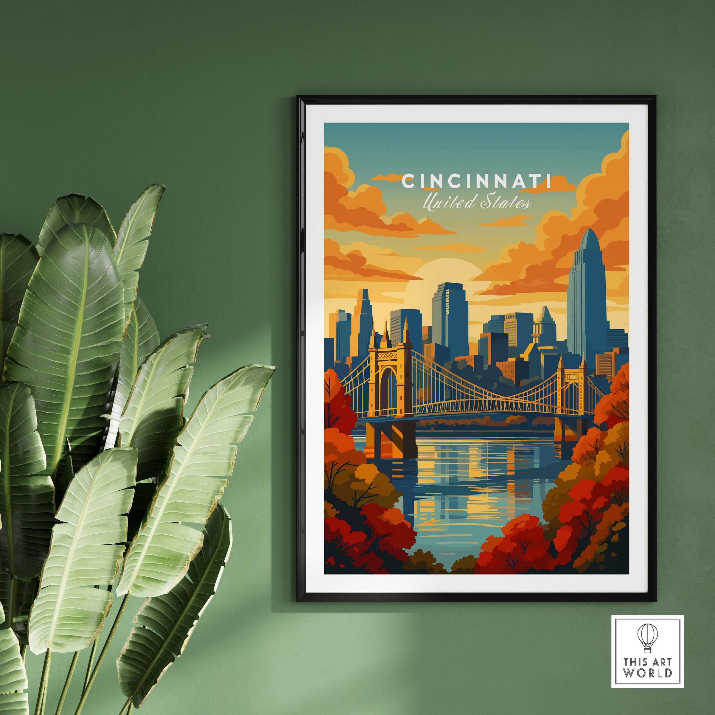 Cincinnati Sunset River Reflection Poster - Roebling Bridge Wall Art featuring urban skyline and vibrant sunset colors.