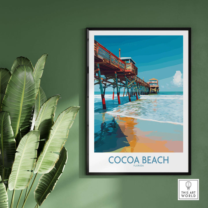 Cocoa Beach Pier poster showcasing colorful beach scene in Florida, ideal for coastal travel decor.