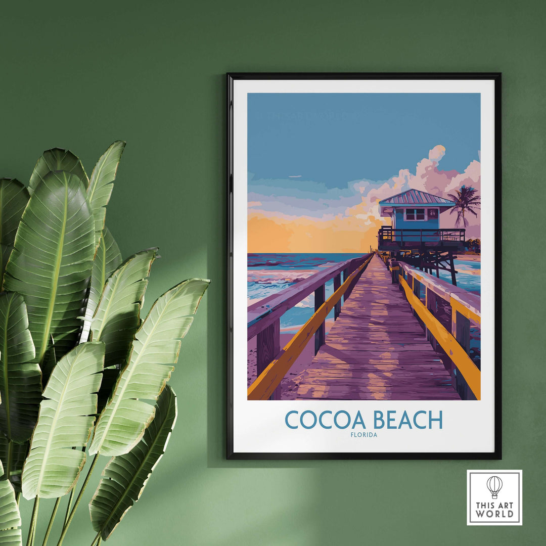 Cocoa Beach Florida wooden pier poster displayed on a green wall, showcasing vibrant colors and a tropical sunset theme.