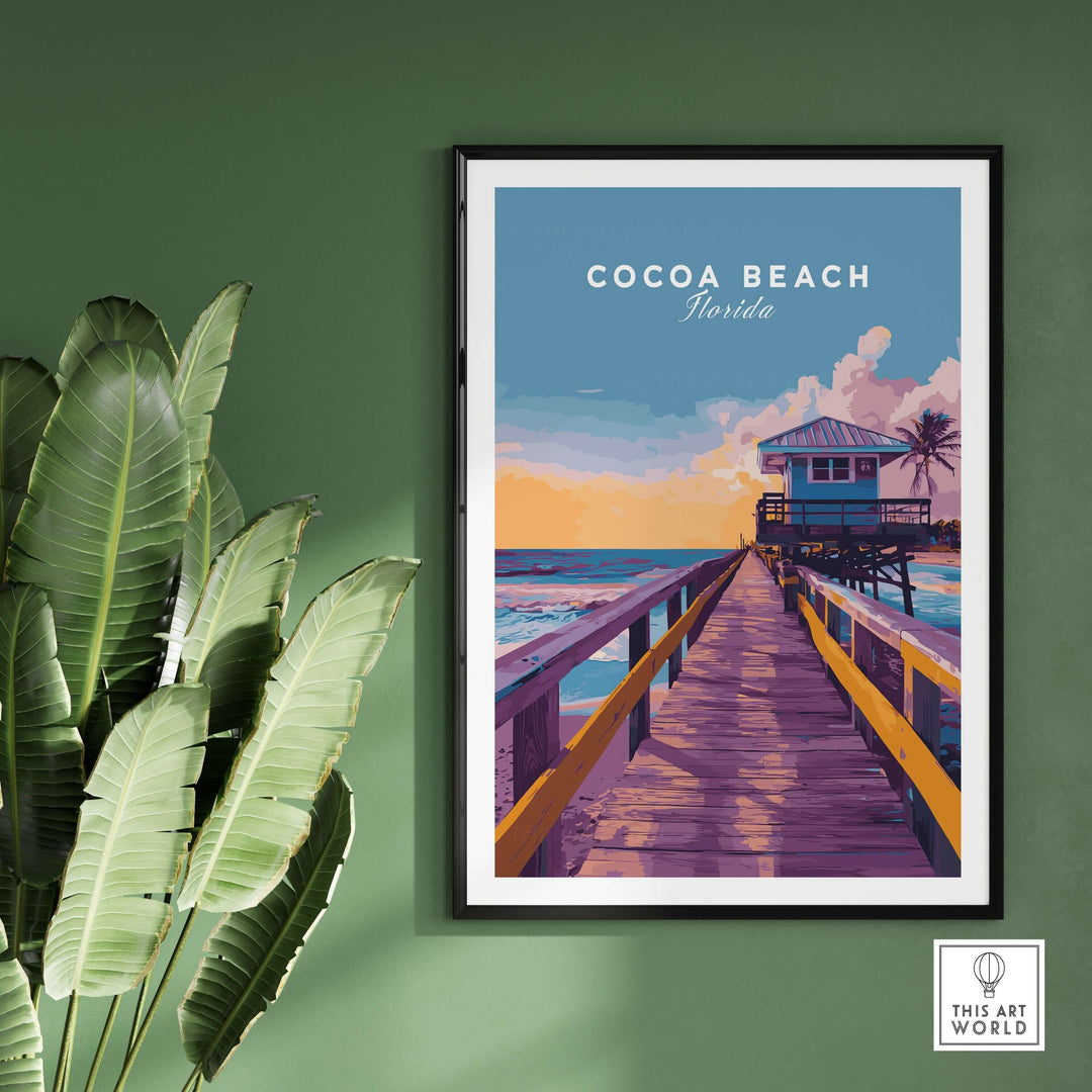 Cocoa Beach Boardwalk print showcasing vibrant sunset colors and ocean views, perfect for coastal home decor.