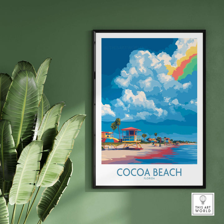 Cocoa Beach Rainbow Cloud Poster showcasing vibrant colors and Florida's coastline decor for cheerful travel inspiration.
