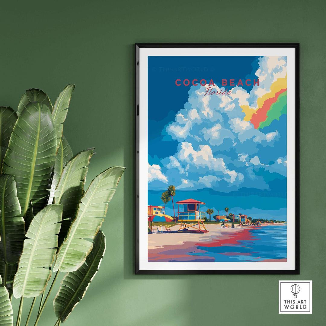 Cocoa Beach lifeguard stand print, vibrant Florida beach art, colorful coastal decor for warm ambiance.