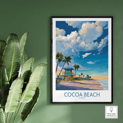 Cocoa Beach Florida Oceanfront Landscape Print - Florida Coast Decor framed on a green wall with palm leaves