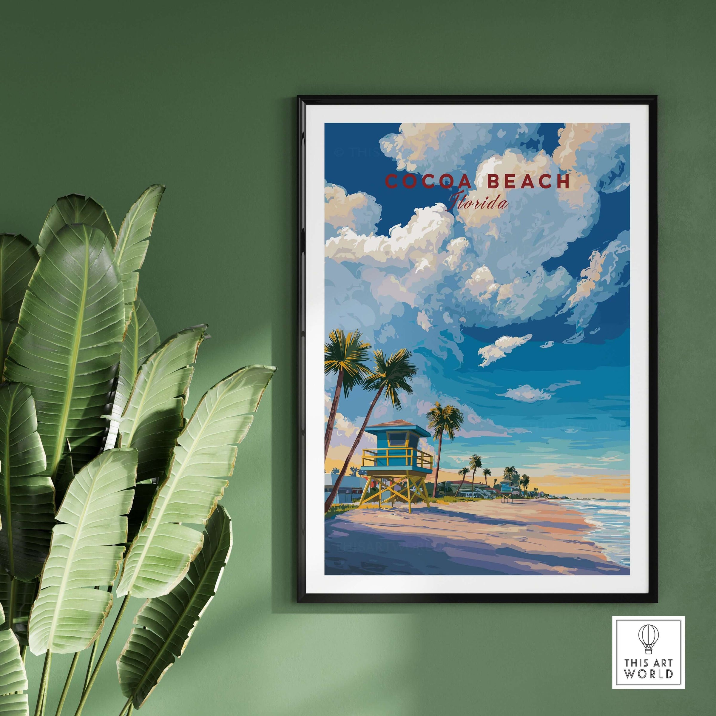Cocoa Beach Lifeguard Tower Poster - Palm Tree Beach Wall Art featuring vibrant colors and a sunny beach scene.