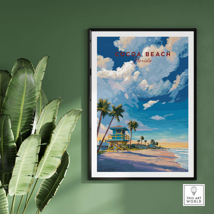 Cocoa Beach Lifeguard Tower poster with palms on a green wall, capturing tropical beach vibes and sunny coastal charm.